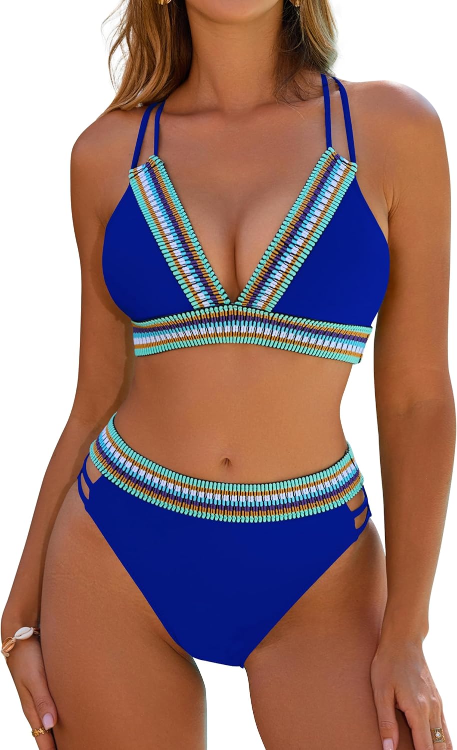 Blooming Jelly Womens High Waisted Bikini Sets Color Block Two Piece Swimsuit V Neck Crisscross Back Bathing Suit